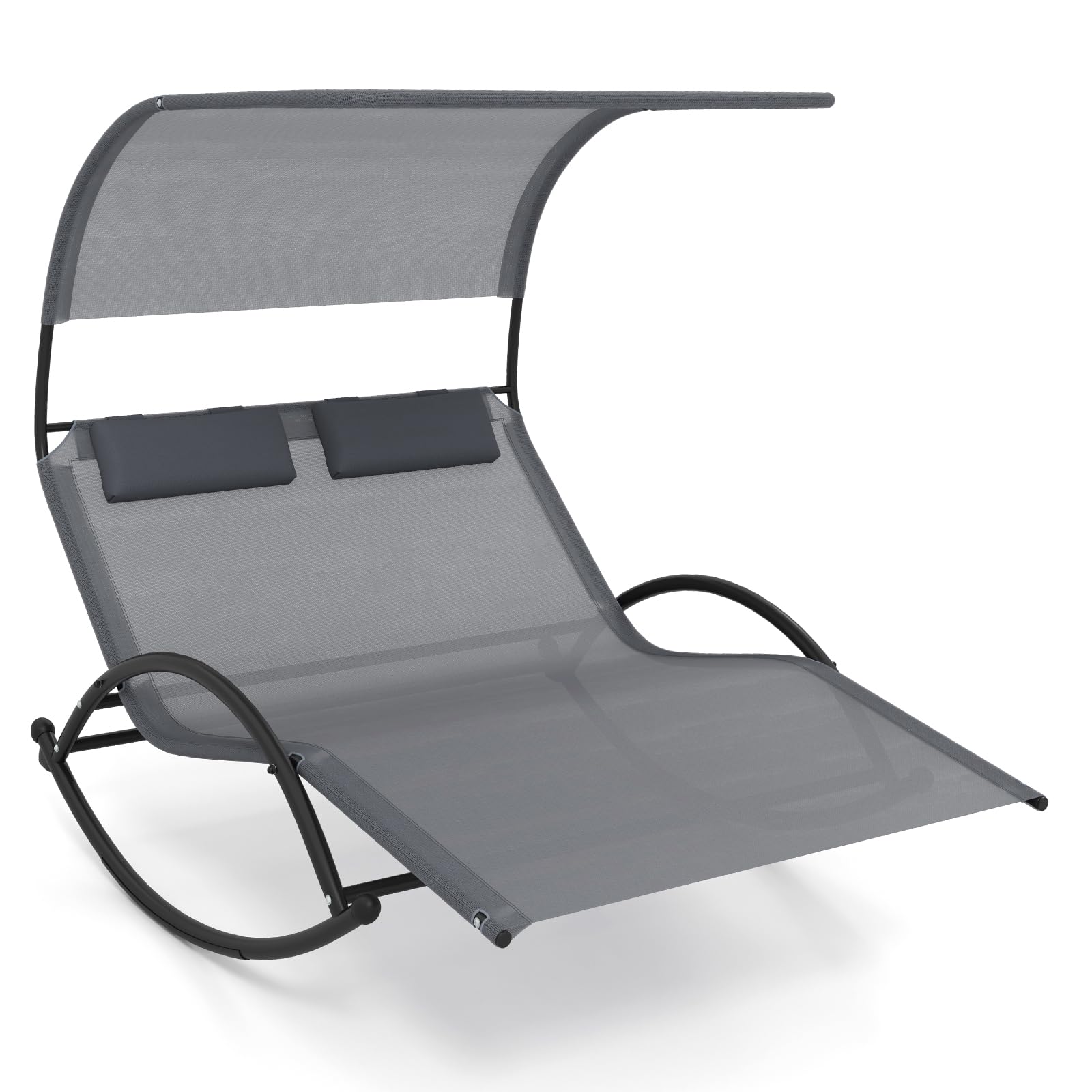 Tangkula Bain de soleil 2 places avec auvent réglable, chaise longue d'extérieur avec 2 oreillers détachables (gris)